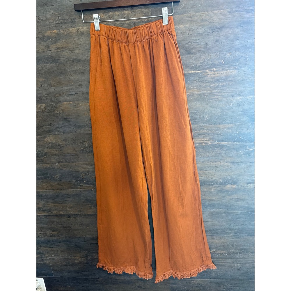 PrettyLittleThing Rust Orange Linen Blend Wide Leg Frayed Hem Pants USA 2
